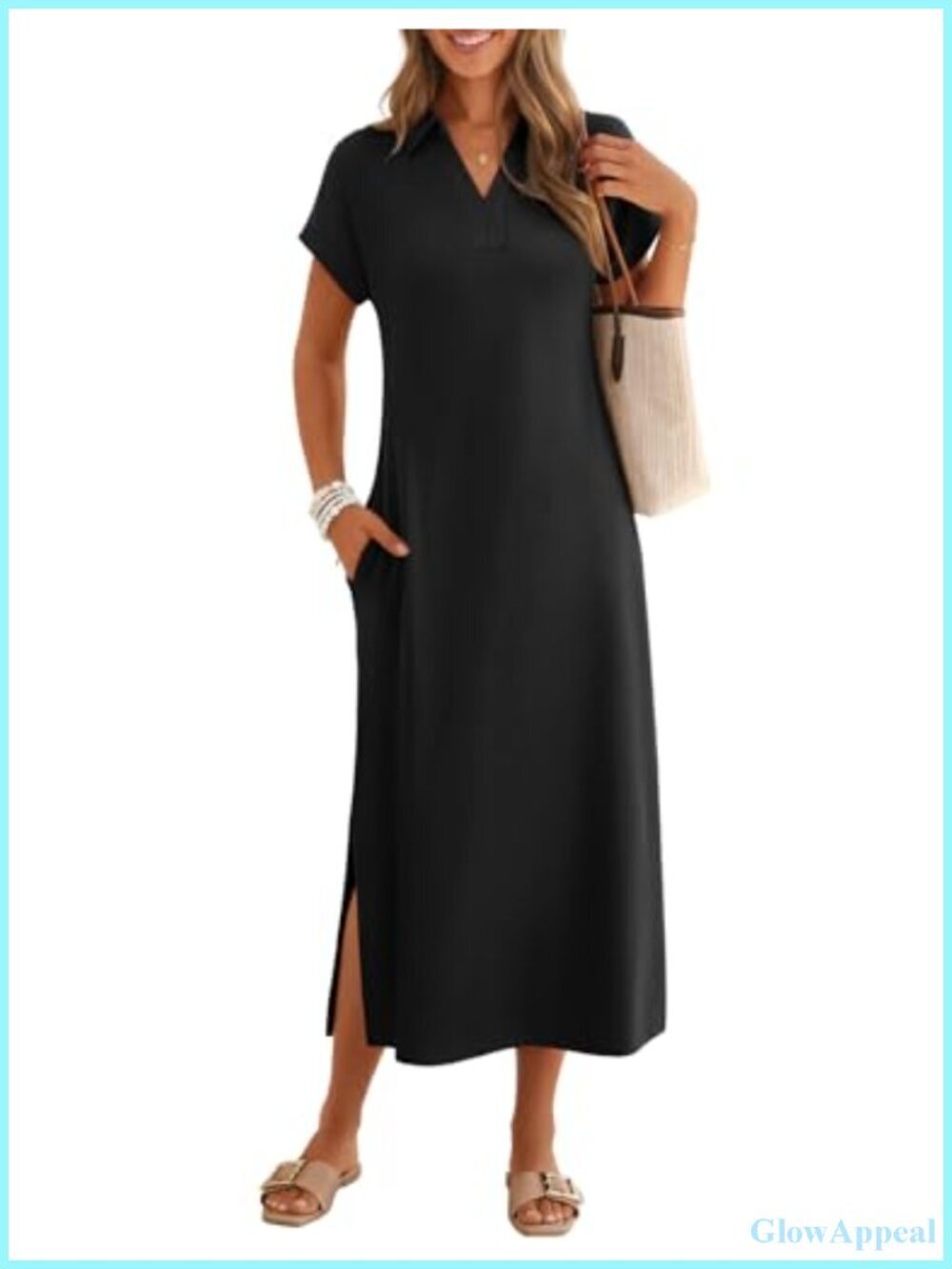 Women's Casual V Neck Collared Short Sleeve Maxi Dress Loose Fit Wrinkle-Free